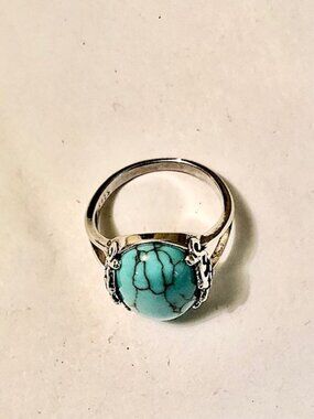S925 Turquoise Ring • Bold Natural Gemstone • Southwestern flower vine each side